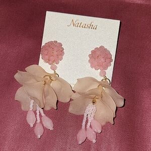 Natasha Couture Blush Pink Floral Petal Drop Earrings with Beaded Tassels TL